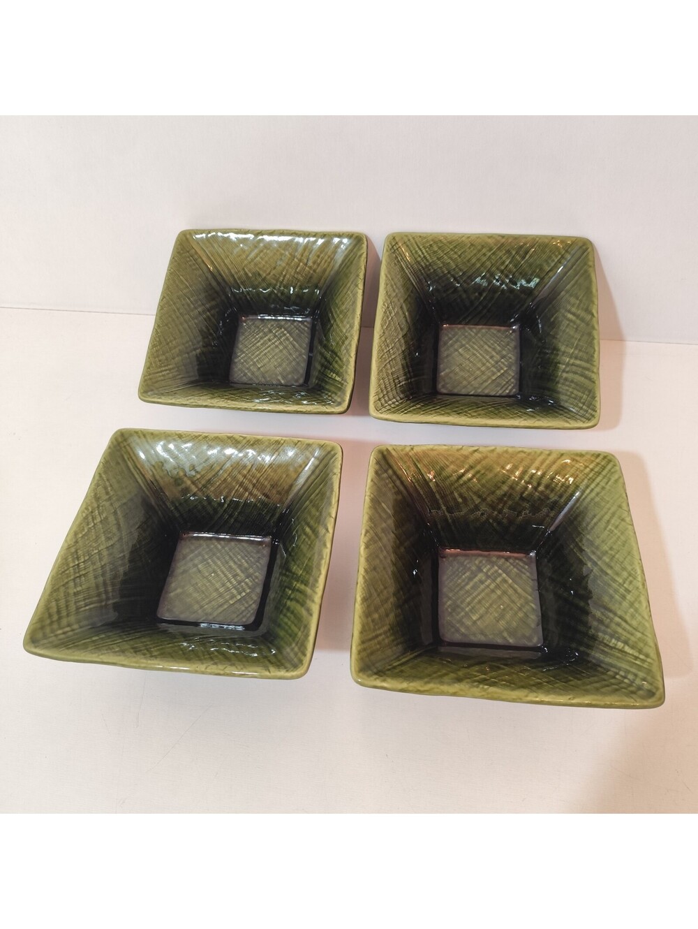 SET OF 4 TARGET HOME ASIAN LINEN GREEN SQUARE DEEP BOWL 3" TALL 7 1/4" Heavy